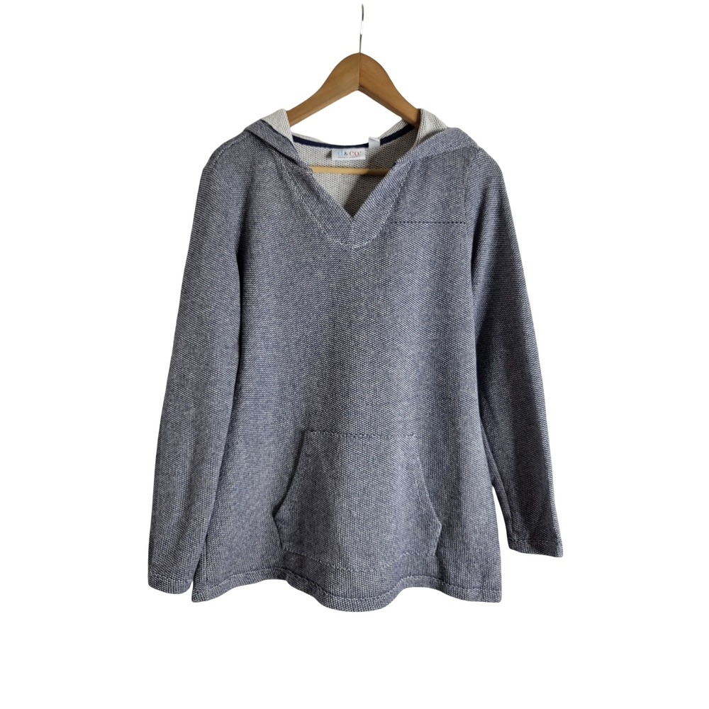 Denim & Co Womens Navy Blue Textured Knit V-Neck Hoodie Pullover Size M Coastal